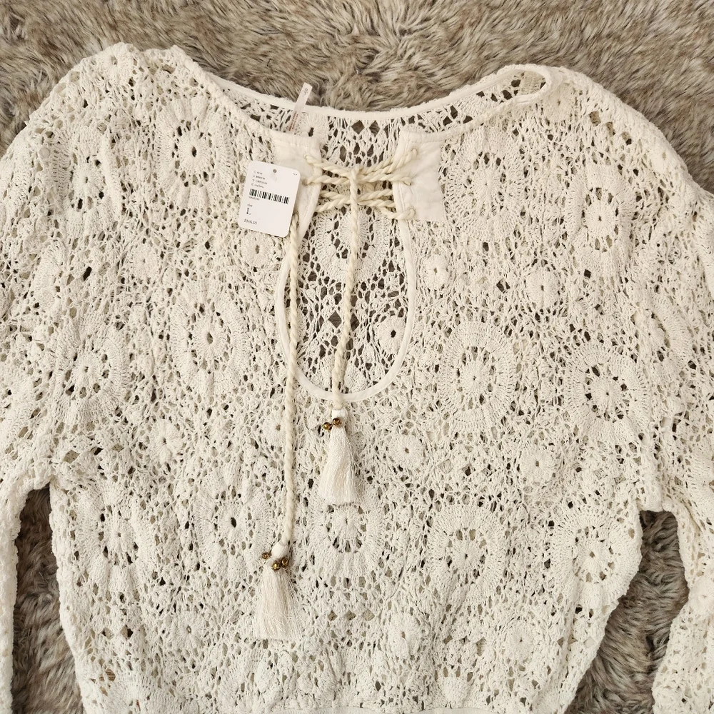 Free‎ People Desert Daze Crochet Bodysuit In Ivory White Womens Size Large